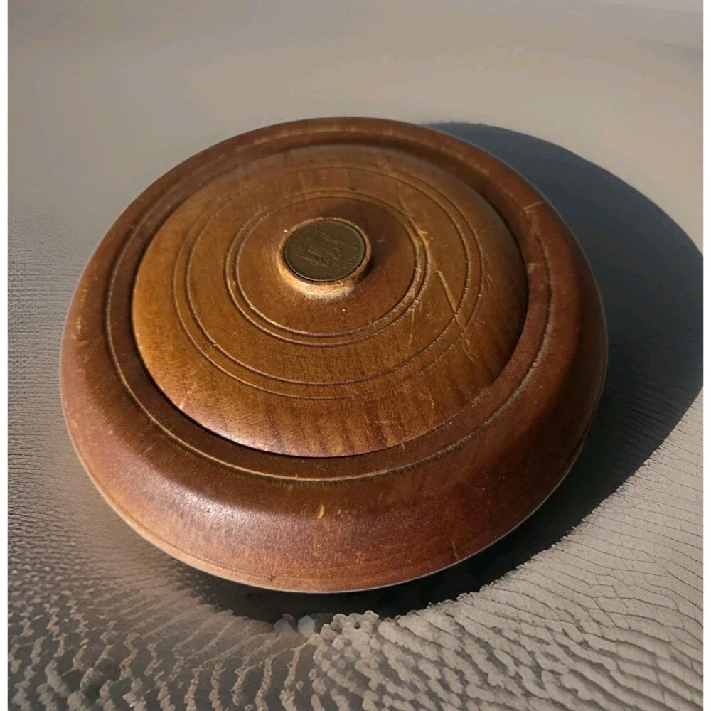 Solid Wood Jamaica Coin Lid Round Storage Box Mid-Century 1969